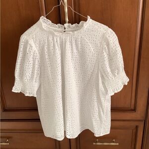 J. CREW WHITE EYELET SHORT RUFFLE SLEEVE LINED TOP SZ XL